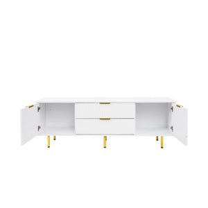 English Elm Modern warm white TV cabinet for 80" TVs with two drawers, durable particleboard, sleek storage design W331P240826