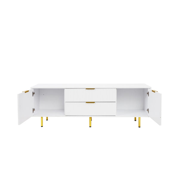 English Elm Modern warm white TV cabinet for 80" TVs with two drawers, durable particleboard, sleek storage design W331P240826