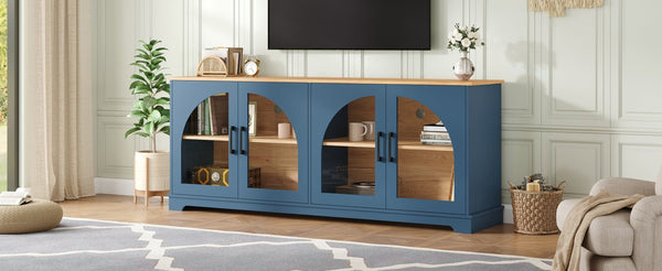 English Elm Farmhouse Media Console with Arched Glass Doors Wood Grain Two Tone Living Room Storage Blue N721P411204C