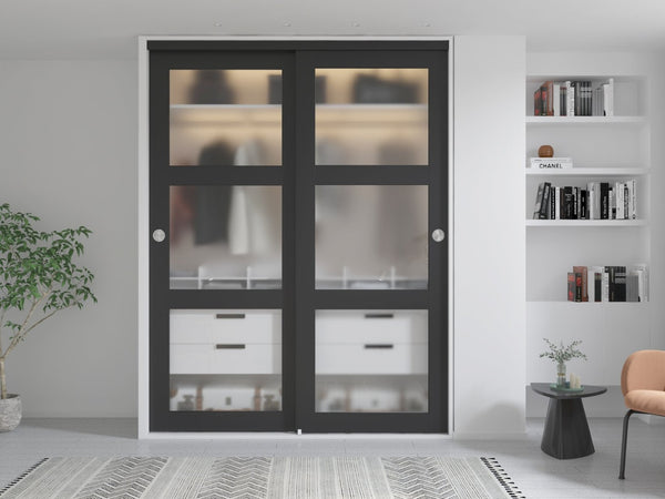 English Elm 30 in Matte Mdf Bi-fold Door with Frosted Glass Panels Hardware and Handle Included B2763P483227