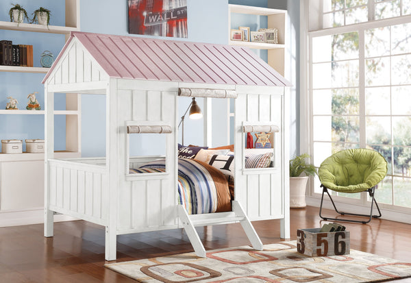 English Elm Spring Cottage Full Bed in White & Pink with 14-Slat No-Box-Spring Support, Fabric Curtains, Cozy Charm B2726S00143