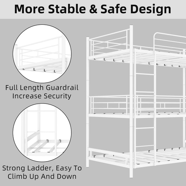 English Elm Heavy-duty triple bunk bed frame with built-in ladder, full guardrails, metal slats, space-saving design White W1935P330701