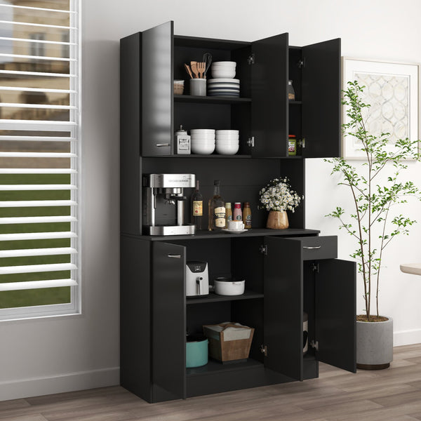 English Elm 70.87" Tall Wardrobe Cabinet with 6 Doors, 1 Drawer & Open Shelf — Durable Melamine MDF Storage Solution Black W331S00059