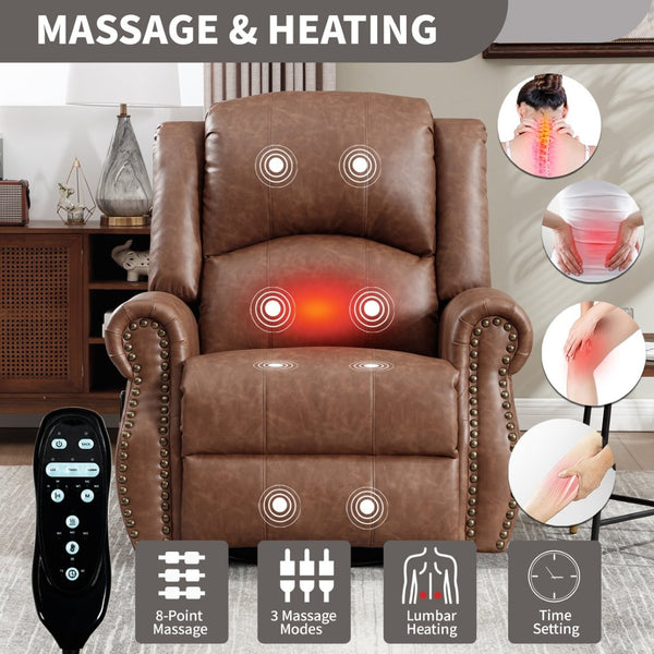 English Elm Heat Massage Rocker Swivel Recliner Chair with Lumbar Relief Nodes for Living Room Yellow Brown W3224S00029