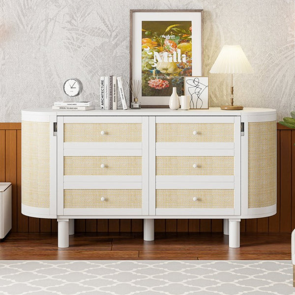 English Elm Full Murphy Bed with Woven Rattan Cabinet Front and Built-in Side Storage Units White LP000599AAK