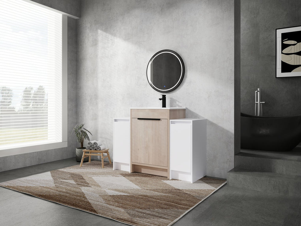 English Elm 48 Inch Freestanding Bathroom Vanity With Ceramic Sink, Adjustable Shelves & Soft-Close Doors W999S00312