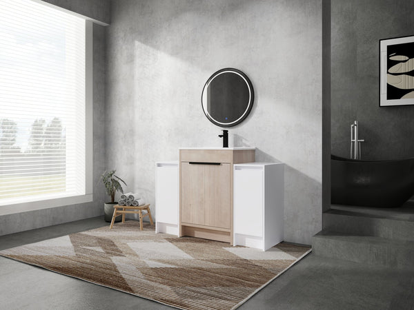 English Elm 48 Inch Freestanding Bathroom Vanity With Ceramic Sink, Adjustable Shelves & Soft-Close Doors W999S00312