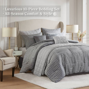JLA Home Madison Park - 10 Luxury Jacquard Comforter Set with Metallic Thread Accents, Greek Fret Design, OEKO-TEX Certified Elegance Grey MP10-8691
