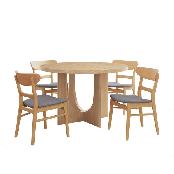 English Elm Christopher Knight Home® - 5PCS Mid-Century Modern Dining Set with Round Wood Table and Upholstered Fabric Chairs, Sleek Design Light Grey+Natural 58915.00OAK_N771P240935K