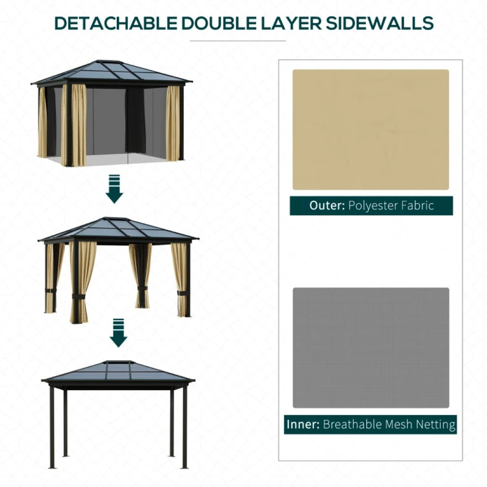 English Elm Outdoor Hardtop Gazebo with Polycarbonate Roof Aluminum Frame and Privacy Curtains T3971S00180