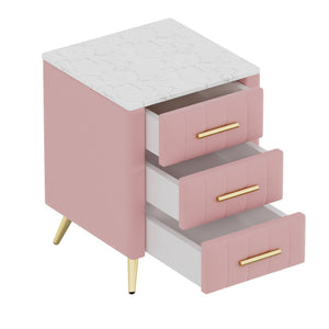 English Elm Upholstered Velvet Nightstand with Faux Marble Top Three Drawers and Slim Metal Legs Pink N733P208520H