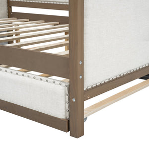 English Elm Full Upholstered Daybed with Trundle, Nailhead Trim, Solid Wood & Linen, Space-Saving 600lbs Capacity DL000588AAD