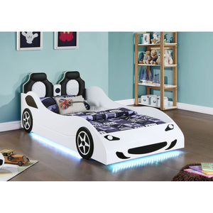 English Elm Solana Race Car Twin Bed with LED Underglow Lights, Padded Headboard, White Wood, Playful Design B062S01109