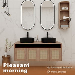 English Elm 48" Floating Bathroom Vanity Oak Finish Dual Ceramic Sinks Four Soft Close Doors W999S00505