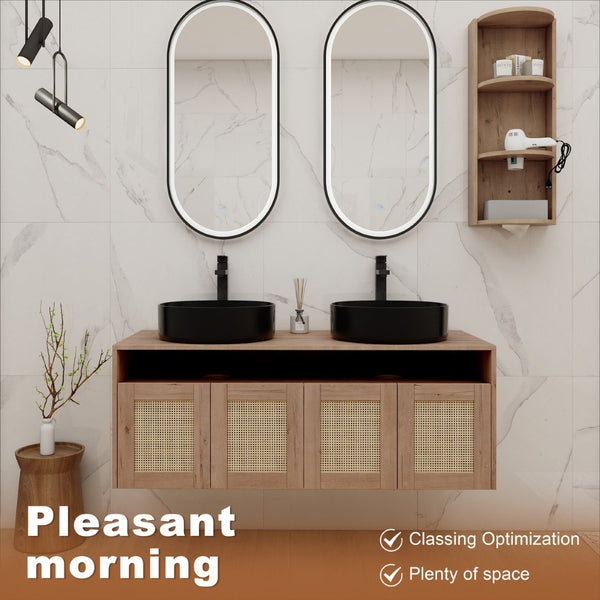 English Elm 48" Floating Bathroom Vanity Oak Finish Dual Ceramic Sinks Four Soft Close Doors W999S00505