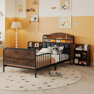 English Elm Twin Solid Wood Platform Bed with Guardrail for Kids, Low-Profile Sturdy Pine Frame, Safe Sleep Solution Black 45.87 L x 17.72 W x 11.22 H W2593P337457