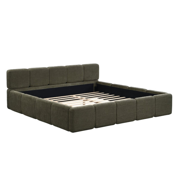 English Elm King Platform Bed Linen Upholstered Block Silhouette Solid Wood Frame Bedroom Anchor N757P385454D
