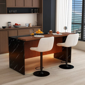 English Elm 63" Contemporary Kitchen Island Set With Beige Bar Stools, Led Lighting & Stylish Black Marble Top W2699S00073