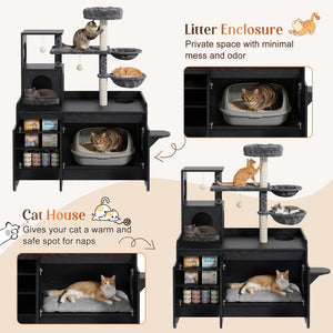 English Elm 50.6" Modern Cat Tower with Hidden Litter Enclosure Sisal Posts and Dual Hammocks N704P443505B
