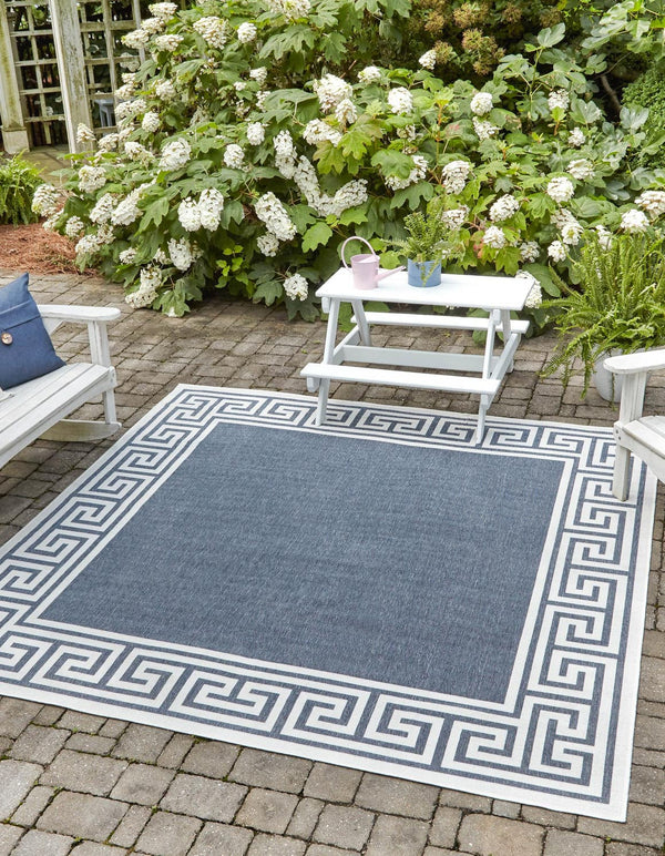 Unique Loom Outdoor Coastal Caye Machine Made Border Rug Navy Blue, Ivory 7' 10" x 7' 10"
