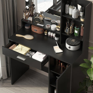 English Elm Vanity LED Mirror Dressing Table with 12 Bulbs, Adjustable 3-Mode Brightness and Large Drawer Storage Black W3457P336677