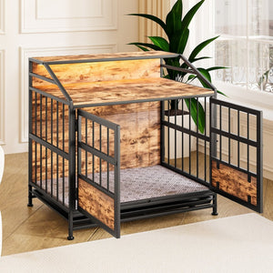 English Elm Multi-function Wooden Dog Crate with Rgb Led Storage Console for Large Breeds W840P291740
