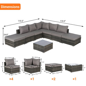 English Elm 8 Piece Modular Wicker Sectional Set with Tempered Glass Table for Patio Resort Style Dark Gray W874S00059