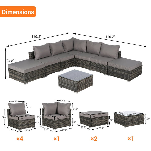 English Elm 8 Piece Modular Wicker Sectional Set with Tempered Glass Table for Patio Resort Style Dark Gray W874S00059