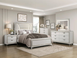 English Elm 1pc Chenille Upholstered Queen Headboard with LED Lighting, Modern Luxury Bed Frame in Antique White Gold Finish B011S01547
