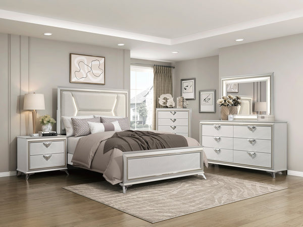 English Elm 1pc Chenille Upholstered Queen Headboard with LED Lighting, Modern Luxury Bed Frame in Antique White Gold Finish B011S01547