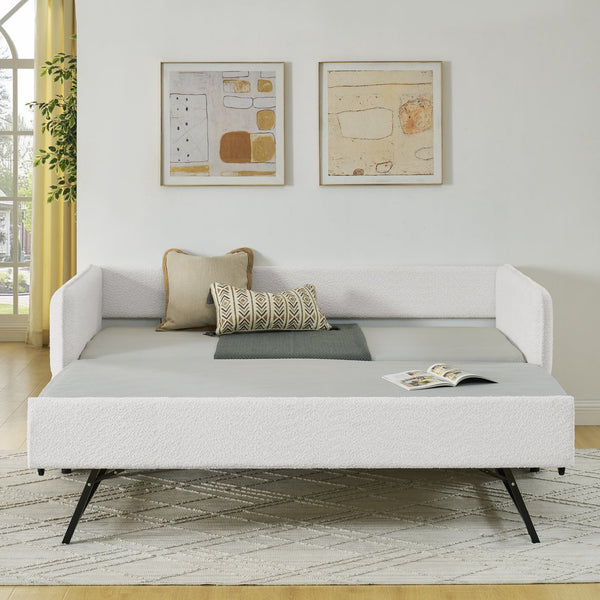 English Elm Daybed With Trundle - Elegant Tufted Sofa Bed In Soft Beige Boucle For Stylish Small Spaces & Guests W1413S00092
