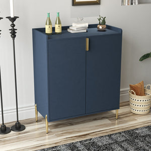 English Elm 2 Door Wine Bar Cabinet with 12-Bottle Rack, Soft-Close Hinges, Adjustable Shelf & Elevated Metal Legs Blue W2899P372476