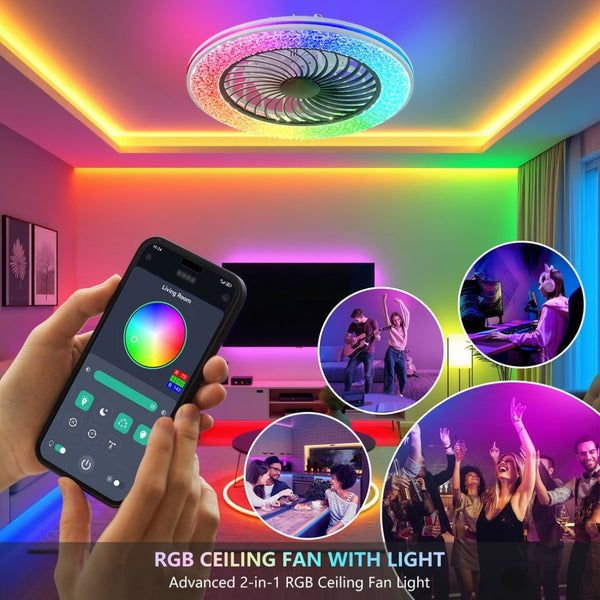English Elm 23 Inch Bladeless Flush Mount Ceiling Fan Rgb Light Ring Copper Motor Low Profile W1340P461541