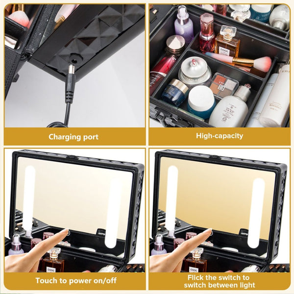 English Elm Portable Led Vanity Makeup Case Aluminum Travel Organizer with Mirror Lock Dividers W1550P163305