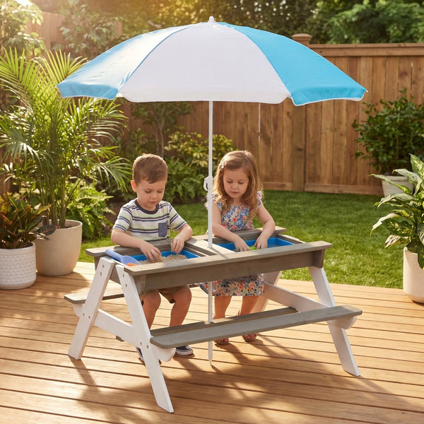 English Elm Wooden Cedar Kids Outdoor Picnic Activity Table with Shade Umbrella for Backyard Play D720094435