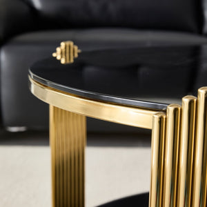English Elm 35inch Round Coffee Table Dual Tier Tempered Glass Gold Steel Frame Living Room W3357P395503