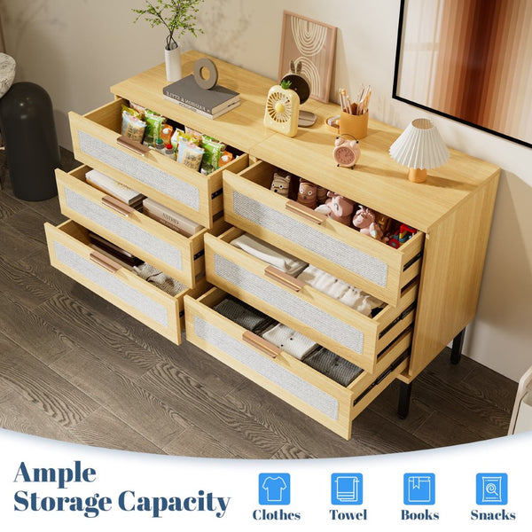 English Elm 6 Drawer Oak Dresser with Linen Fronts and Metal Legs for Modern Bedroom Storage T3773P422847