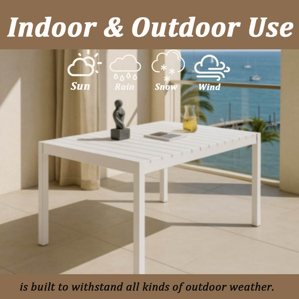 English Elm 4pcs Stackable PP Armchair Set with 55" Modern Long Table – Weatherproof, Ergonomic Outdoor Dining Suite Warm Grey,White W3450S00009
