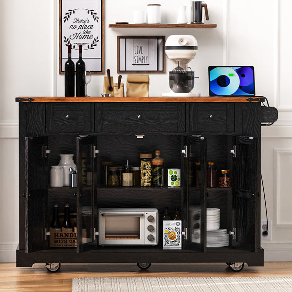 English Elm K&K 53" Farmhouse Kitchen Island with Drop Leaf, Tempered Glass Doors, Power Outlet, Rolling Cart Black N707P263637B
