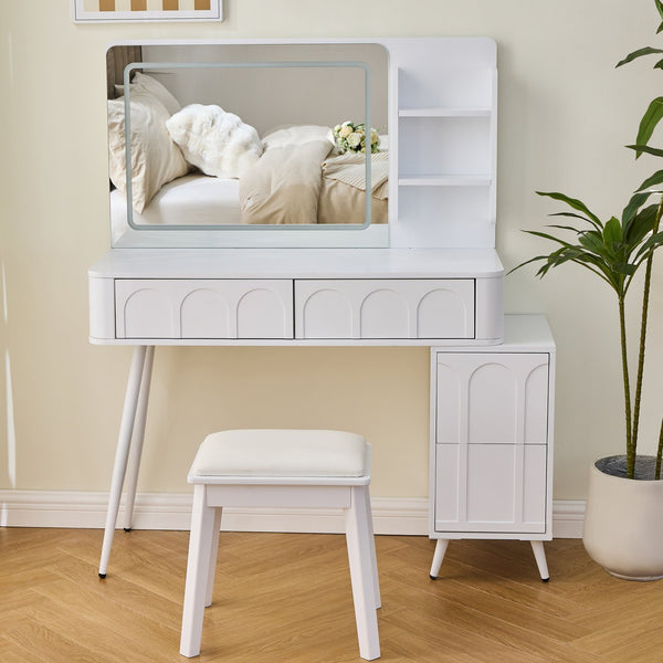 English Elm Modern Makeup Vanity Desk with Slide-Out Cabinet, LED Mirror, 4 Soft-Close Drawers & Cushioned Stool White N844P257529A