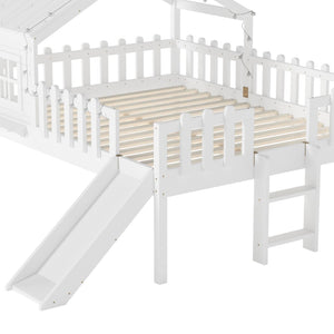 English Elm Twin Playhouse Loft Bed Solid Pine Frame with Slide Led Lights and Star Roof White W5316S00004