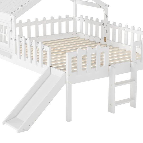 English Elm Twin Playhouse Loft Bed Solid Pine Frame with Slide Led Lights and Star Roof White W5316S00004
