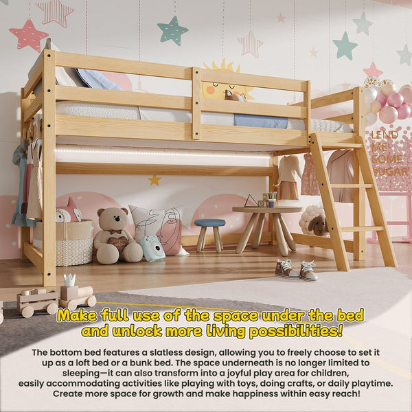 English Elm Kids Twin Low Loft Bed with Built-In LED Strip, Solid Pine Convertible Bunk Frame, Modern Durable Design Oak W1820P331924