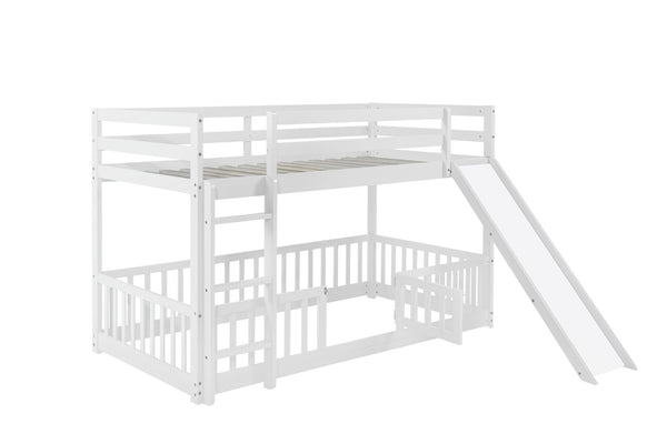 English Elm Twin Over Twin Floor Bunk Bed With Slide & Ladder - Solid Pine Wood, White Finish, Safe & Fun Design! W504S00190-GIGA