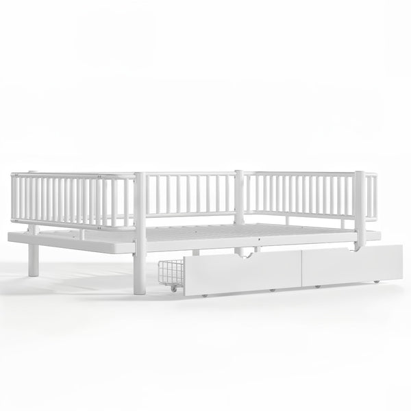 English Elm Full Size Metal Platform Storage Bed Low Profile Steel Frame with Built-in Drawers Light White W5305P471351