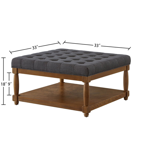 English Elm Large Tufted Linen Square Ottoman with Solid Wood Shelf for Living Room Use Charcoal W2186P379327