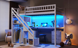 English Elm Twin Loft Bed with Staircase Desk Dual Drawers and Led Strip for Kids Rooms LT000257AAK