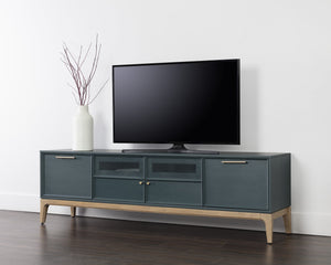 Sunpan Rivero Mid-Century Modern Media Console in Teal Oak with Gold Hardware and Ample Storage Solutions
