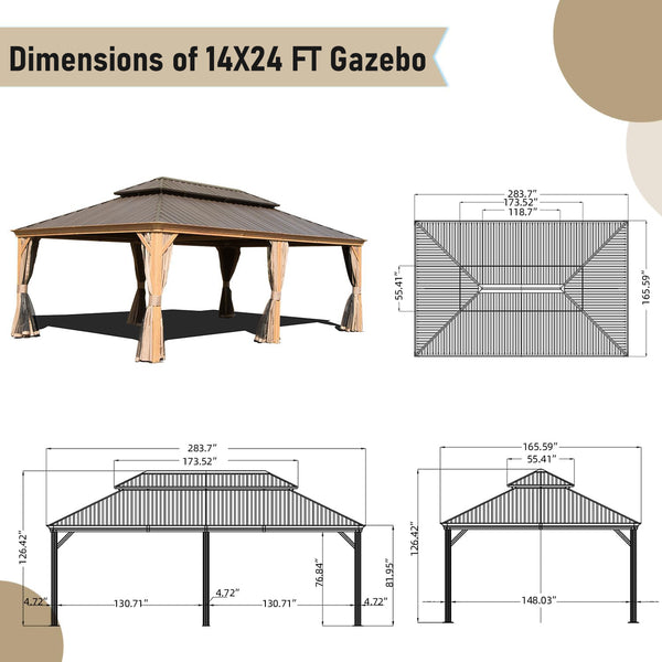 English Elm 14x24FT Hardtop Gazebo Outdoor Pavilion with Galvanized Double Roof, Aluminum Frame, Built-In Gutter System, Curtains and Mesh for Patio Garden Yellow Brown W1859S00109