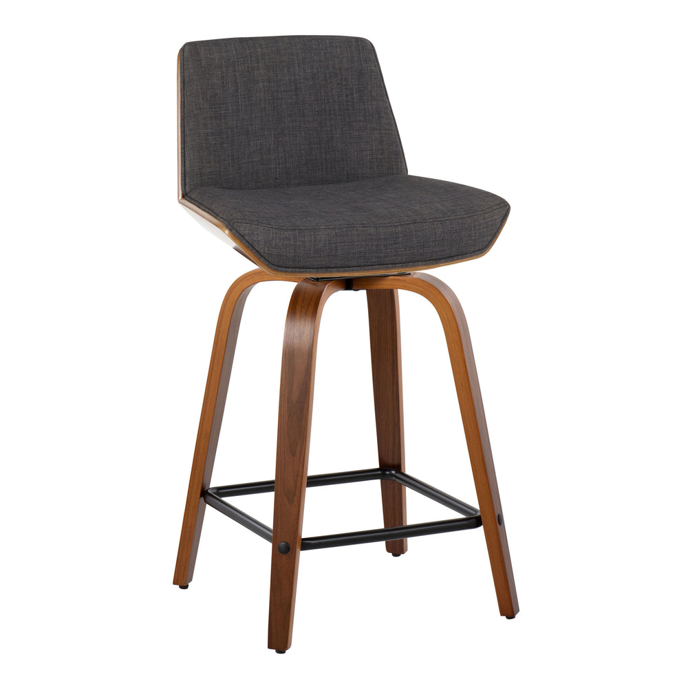 English Elm Corazza 24" Mid-Century Counter Stool Set of 2 — Walnut Wood Legs, Charcoal Fabric, 360° Swivel Comfort B202S00034